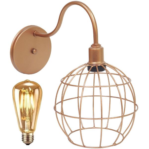 Imagem de Luminária Arandela Parede Aramada Globo Industrial Retro + Lâmpada Led Vintage Cobre Rose Gold