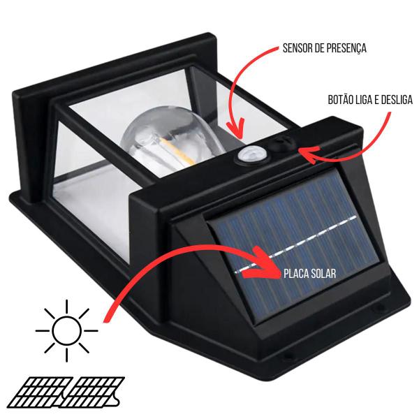 Imagem de Luminária Arandela Solar Filamento Led Com Sensor De Presença Noturno E Lâmpada Luz Branco Quente Para Paredes E Muros