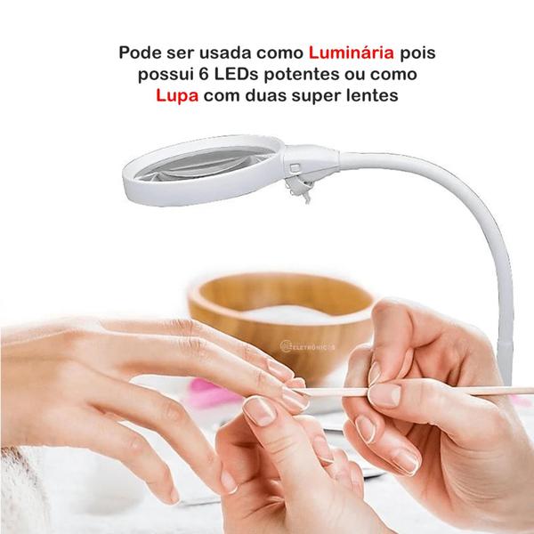 Imagem de Luminária Com Lupa Óptica 2 Lentes 2x e 5x Acrílica e 6 LEDs Com Base e Clip de Fixação  7763