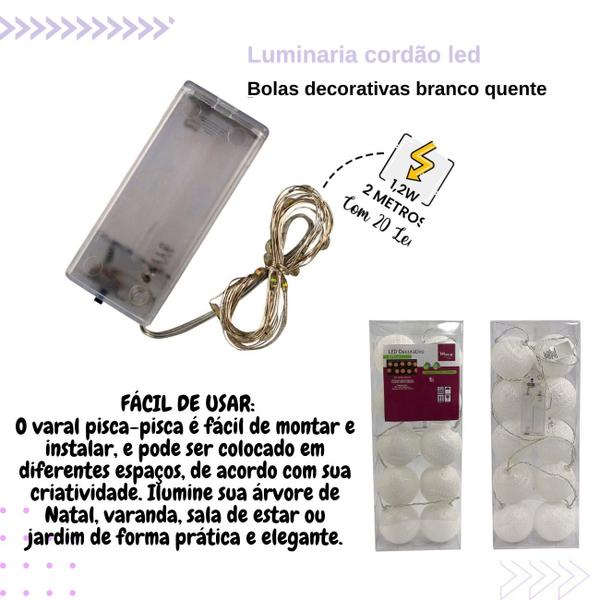 Imagem de Luminária Cordão De Led Bolas Decorativas Cor Branco Quente 2,2 Metros à Pilhas AA