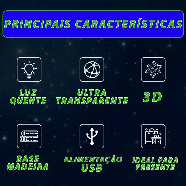 Imagem de Luminária Cristal De Mesa Planeta Terra Galáxia Sistema Solar LED Base Madeira Enfeite Decorativo Casa