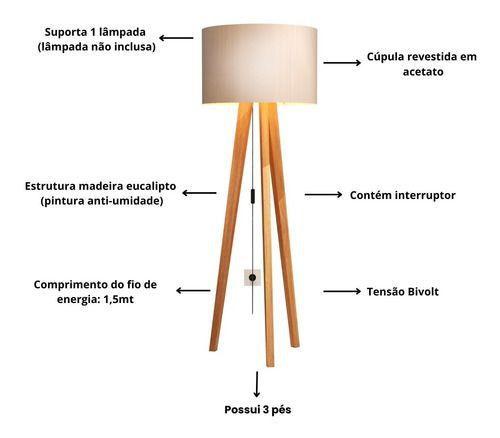 Imagem de Luminária De Chão Abajur Com Cúpula E Pés De Madeira Mobigu 