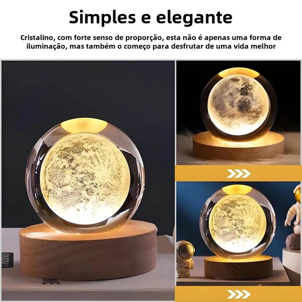 Imagem de Luminária de Mesa 3D Lua e Saturno - Abajur LED com Bola de Cristal