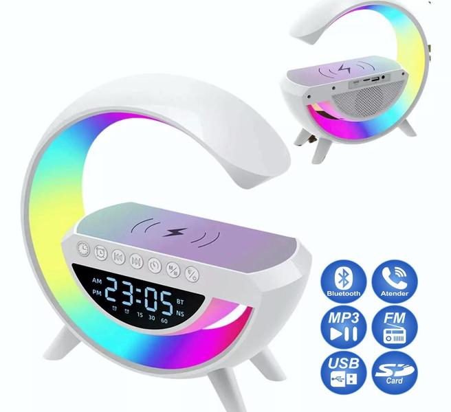 Imagem de Luminária De Mesa 4 em 1 Carregador Sem Fio Led RGB Caixa De Som Bluetooth Usb Sd Rádio Fm Relógio Digital