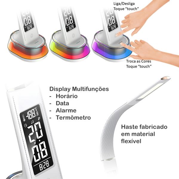 Luminária de Mesa Com Luz RGB e Display de LED Com Relógio Termômetro e Despertador LE2210 - Lelong Imagem de Luminária de Mesa Com Luz RGB e Display de LED Com Relógio Termômetro e Despertador LE2210