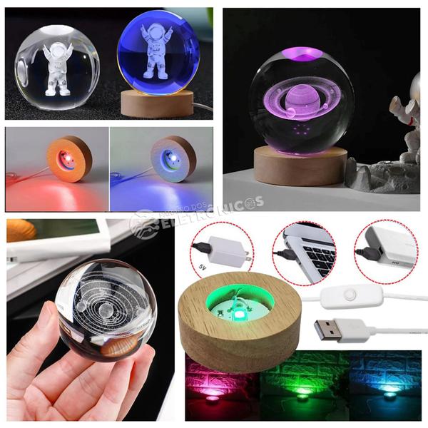 Imagem de Luminária De Mesa Luz RGB Colorida Bola De Cristal 6cm Efeito LED 3D Base Madeira Decorativa 35232