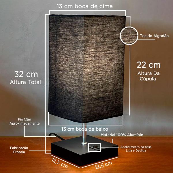 Imagem de Luminaria de Mesa Madeira MDF Quadrado Com Cupula Tecido Algodao Bivolt