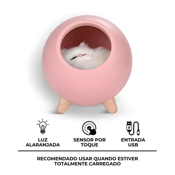 Imagem de Luminária de Mesa Noturna Gatinho de Pelúcia Ambientes Rosa