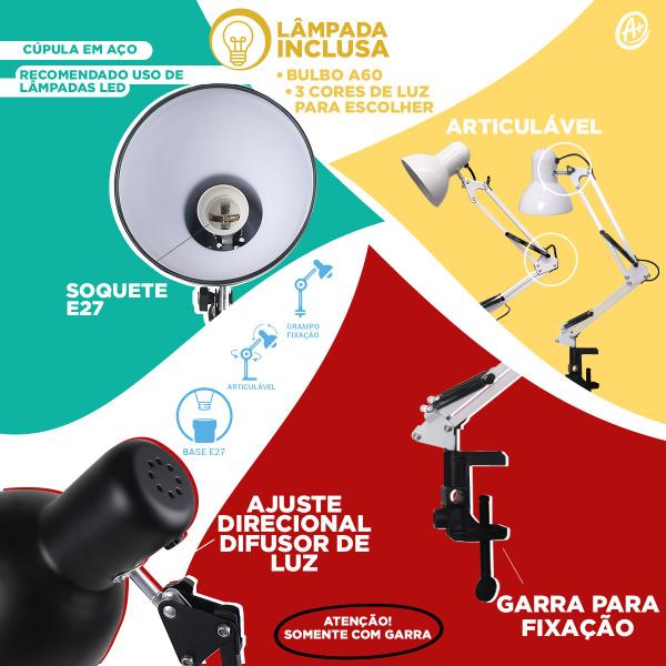 Imagem de Luminária De Mesa Pixar Vermelho Articulável C/ Garra e Lâmpada A60 E27 Inclusa