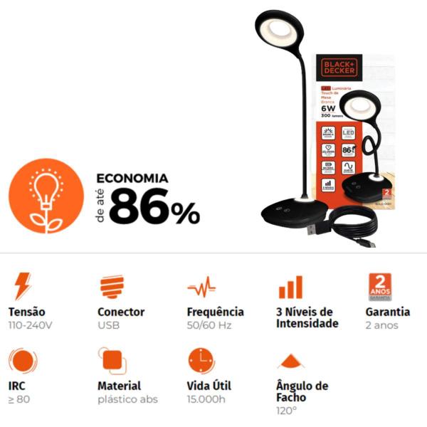 Imagem de Luminária de Mesa Touch Recarregável Haste Flexível Black&Decker Luz Branca 3 Tons de Iluminação e Luz Noturna