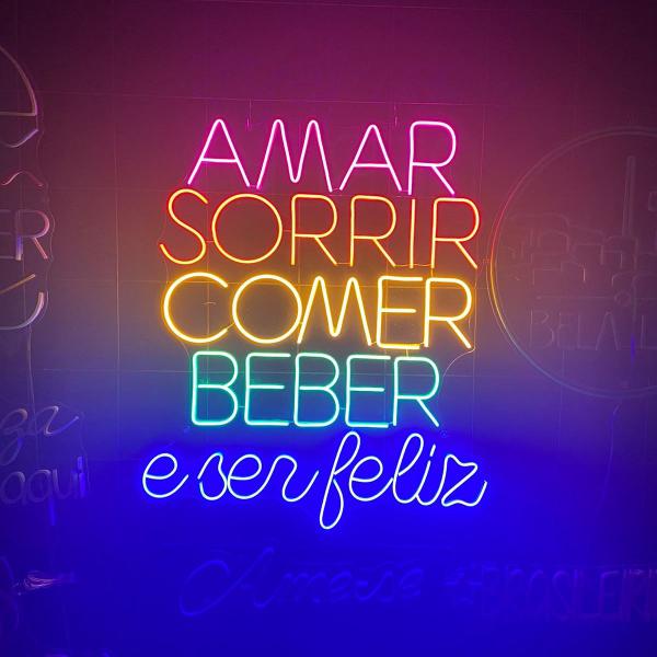 Imagem de Luminária de NEON de led frase - AMAR, SORRIR, COMER, BEBER E SER FELIZ - 50 x 60cm