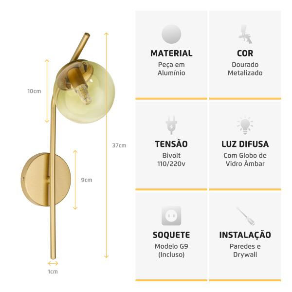 Imagem de Luminária de Parede Stick Light Dourado Globo Cristal Âmbar