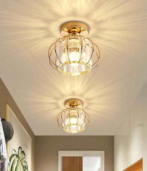 Imagem de  Luminária Em Cristal Legitimo K9 Sobrepor Teto Redondo 20cm Dourado P/1 Lâmpada Led E27 Lustre Moderno Aramado Vidro Cristais Para Sala Forro Gesso