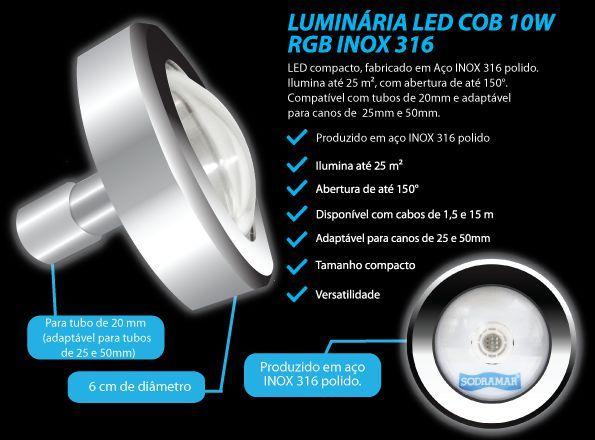 Imagem de Luminária Hiper Led Para Piscinas Colorido COB 10w RGB Inox 316 p/ até 25m² - Sodramar