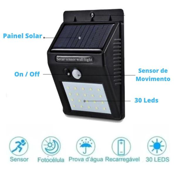 Imagem de Luminária Lâmpada Arandela Solar 30 Leds 6W Sensor Presença