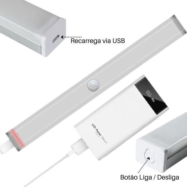 Imagem de Luminária Lâmpada Barra Led Sensor Presença Movimento Luz de Emergência Closets Armários Nichos Sem Fio Recarregável USB