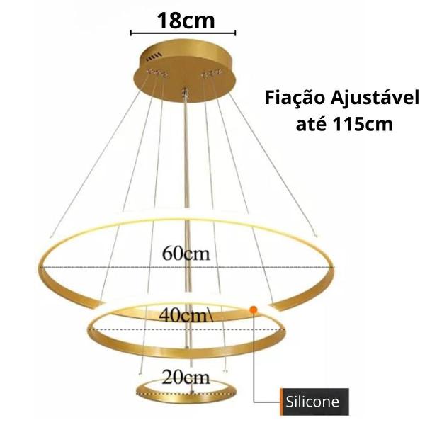 Imagem de Luminária Led 80 Watts 3 Anéis 115Cm Altura Ajustável Lustre