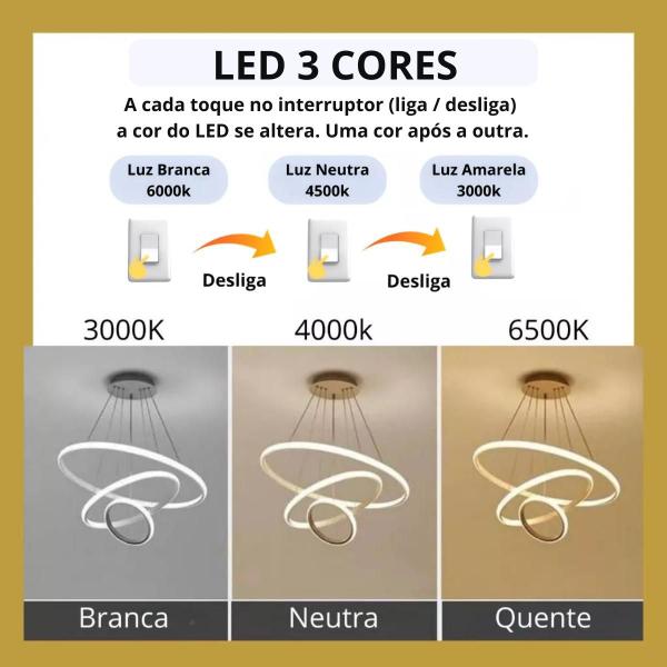 Imagem de Luminária LED 80 Watts 3 Anéis 115cm Altura Ajustável Lustre Pendente Suspenso Teto Gimpo KJDD-L-176