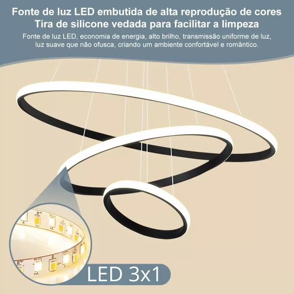 Imagem de Luminária LED 80 Watts 3 Anéis 115cm Altura Ajustável Lustre Pendente Suspenso Teto Gimpo KJDD-L-176