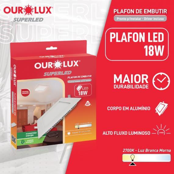 Imagem de Luminaria LED Embutir Quadrada 18wts 2700K Branco Morno OUROLUX