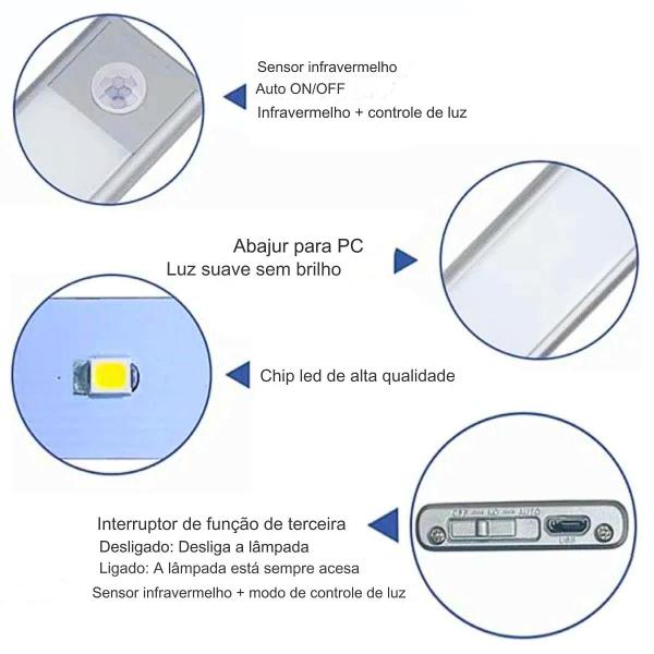 Luminária LED Sensor de Movimento Recarregável USB 40cm - KAEKA Imagem de Luminária LED Sensor de Movimento Recarregável USB 40cm