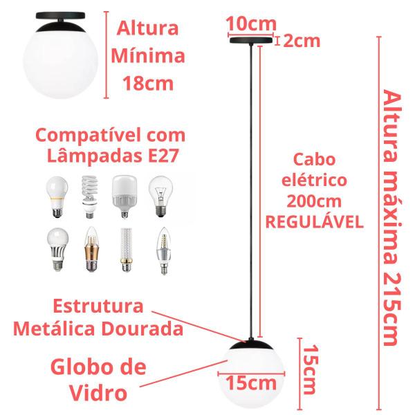 Imagem de Luminária Lustre Pendente 215cm Jabuticaba Globo Vidro 15cm Metal Teto Gimpo PJ15