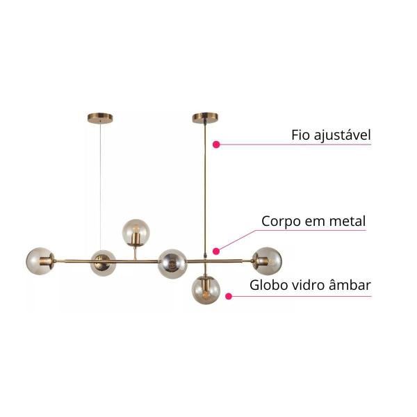 Imagem de Luminária Lustre Pendente Jabuticaba Jabuti Dourado com 6 Bolas Globos Esféras Âmbar Moderno Luxo Inl85