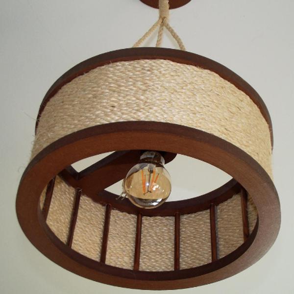 Imagem de Luminária Lustre Pendente Rústico Madeira Corda Sisal 30cm