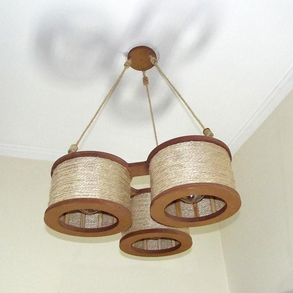 Imagem de Luminária Lustre Pendente Rústico Retro Madeira Sisal 35Cm