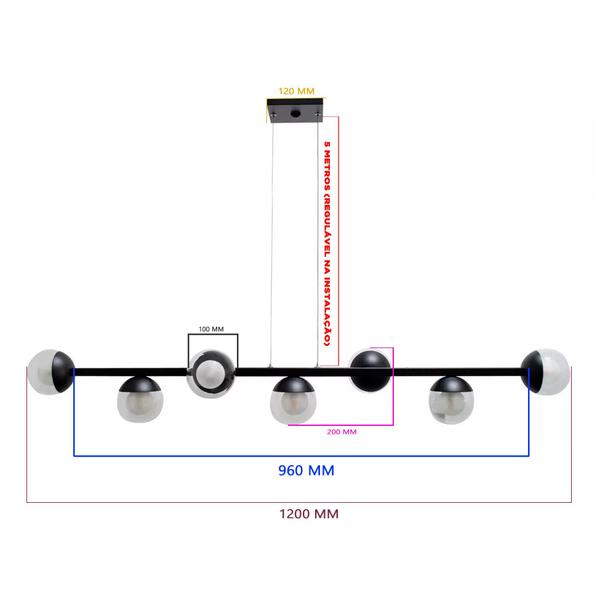 Imagem de Luminaria Lustre  Teto Sala de jantar Jabuticaba 5 metros Com 7 Vidro Globo Bivolt