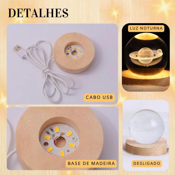 Imagem de Luminária Mesa Decorativa Vidro Globo Bola de Cristal 3D Quarto Cabo USB