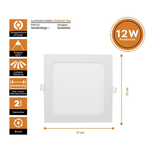 Imagem de Luminária Painel Plafon Led Embutir 17x17 12W 5700K SaveEnergy