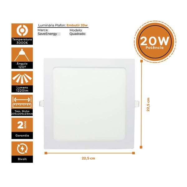 Imagem de Luminária Painel Plafon Led Embutir 22x22 20W 3000K SaveEnergy