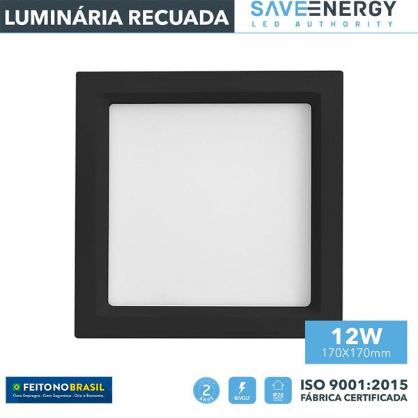 Imagem de Luminária Painel Plafon Led Embutir Recuada 17x17 12w 3000k Jet Black Save Energy