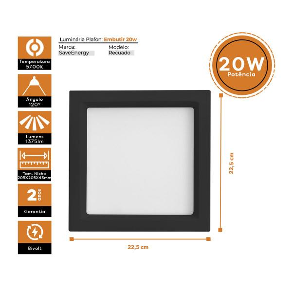 Imagem de Luminária Painel Plafon Led Embutir Recuada 22x22 20w 5700k Jet Black SaveEnergy