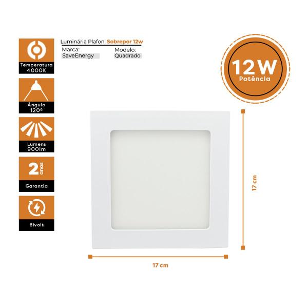 Imagem de Luminária Painel Plafon Led Sobrepor 17x17 12w 4000k SaveEnergy