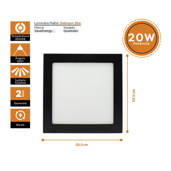 Imagem de Luminária Painel Plafon Led Sobrepor 22x22 20w 3000k Jet Black SaveEnergy