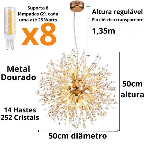 Imagem de Luminária Pendente 50cm Dente Leão 252 Cristais Dourado 8 x G9 Lustre Teto Gimpo KJDD-L-456-GOLD