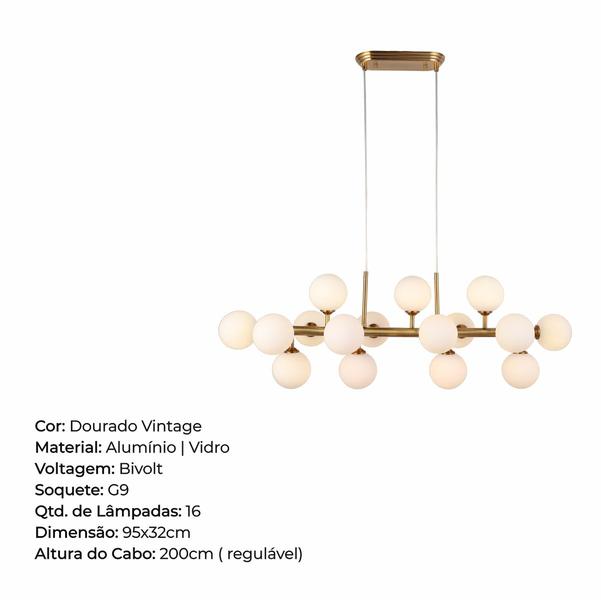 Luminária Pendente 95cm bocal G9 jabuticaba Dourado Vintage Bivolt - Lumier Imagem de Luminária Pendente 95cm bocal G9 jabuticaba Dourado Vintage Bivolt