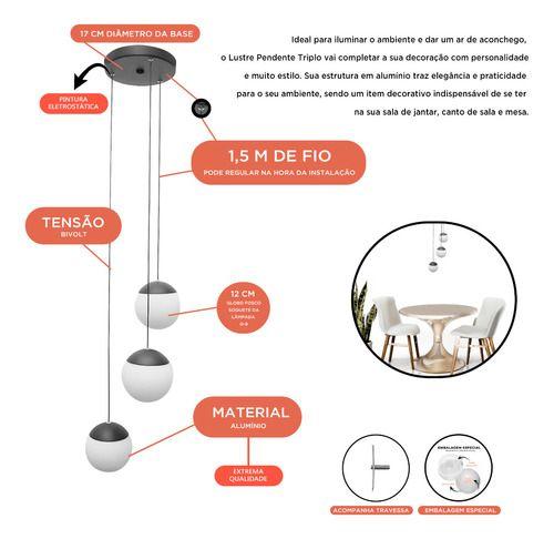 Imagem de Luminaria Pendente de Teto P/ Ambientes Internos Jabuticaba 3 Globo Vidro - Bivolt