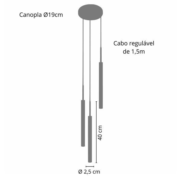Imagem de Luminária Pendente De Teto Tubo Triplo Sala Cozinha Preto