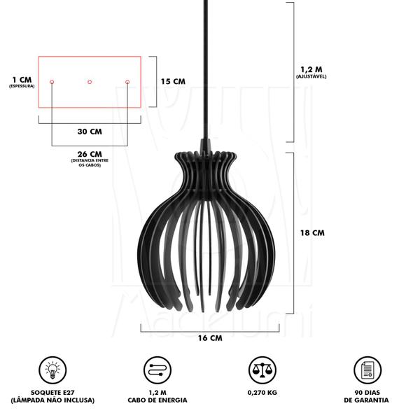 Imagem de Luminária Pendente Duplo Madeira Nacar 18cm CQ Preto