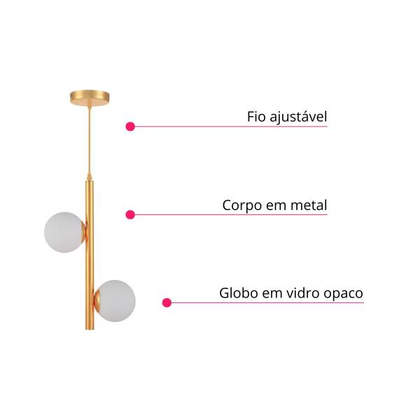 Imagem de Luminária Pendente Lustre Jabuticaba Dourado Com 2 Bolas Globo Esfera Opaco Leitoso Moderno Luxo INL115