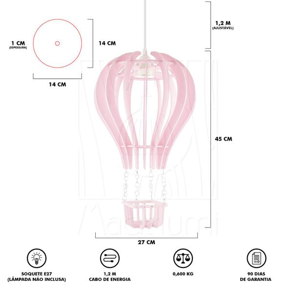 Imagem de Luminária Pendente Madeira Balão 45cm Rosa Claro Infantil