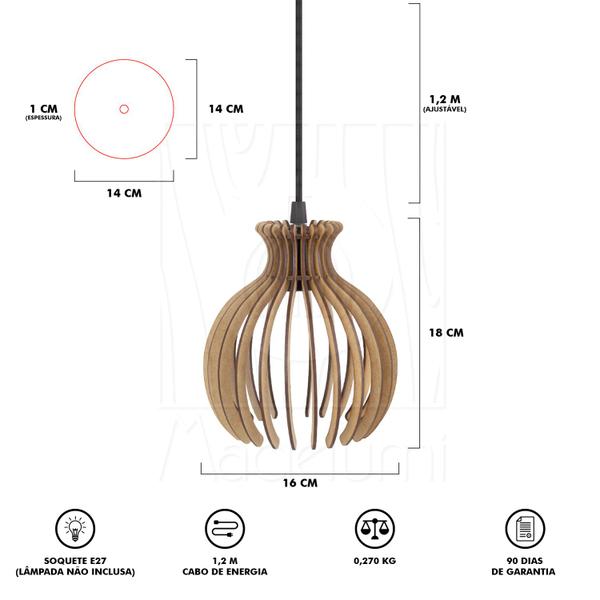 Imagem de Luminária Pendente Madeira Nacar 18cm Rústico E27 Sala