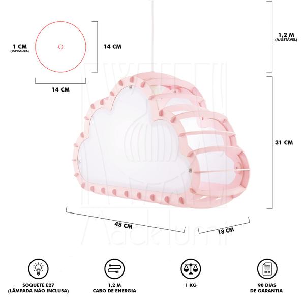 Imagem de Luminária Pendente Madeira Nuvem 50cm Rosa Claro Infantil