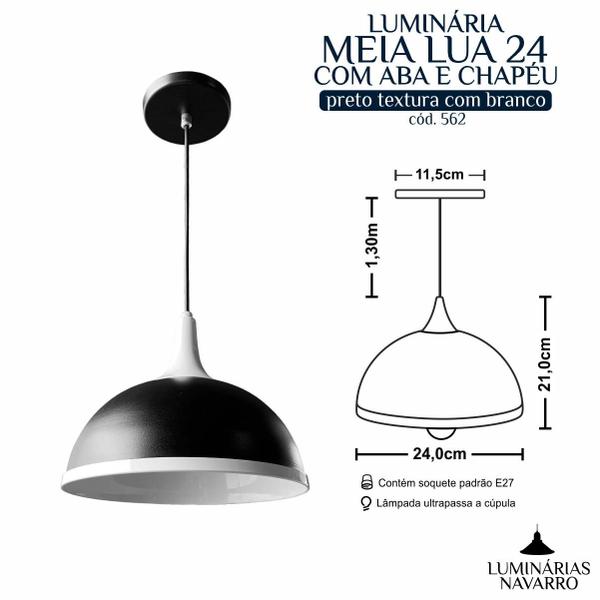 Imagem de Luminária Pendente Meia Lua 24cm Com Chapéu E Aba Com Interior Branco Brilho Com Fiação 110/220v