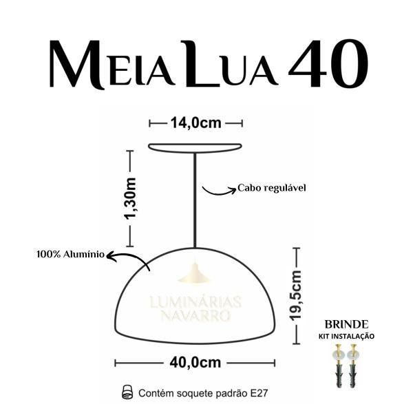 Imagem de Luminária Pendente Meia Lua 40cm Interior Branco Brilho Fiação 110/220v