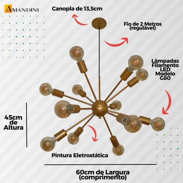 Imagem de Luminária Pendente Modelo Sputinik com 12 Braços - Ideal para Sala, Quarto, Mesa de Jantar