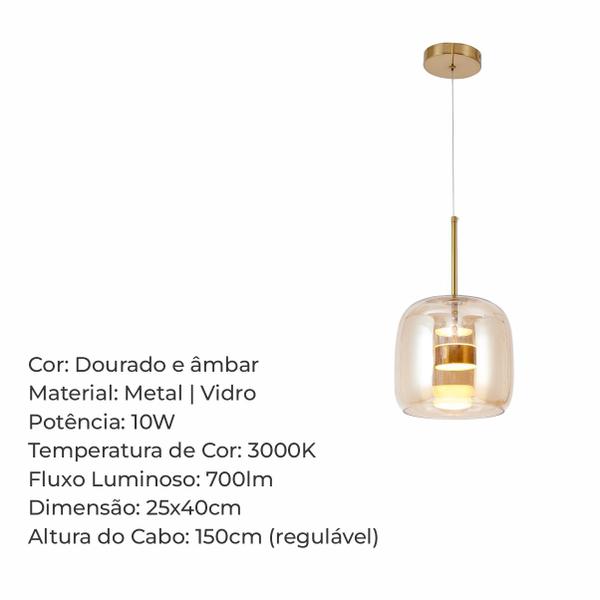 Luminária Pendente Solitário 10w 25cm Dourado e Ambar Lumier Imagem de Luminária Pendente Solitário 10w 25cm Dourado e Ambar Lumier